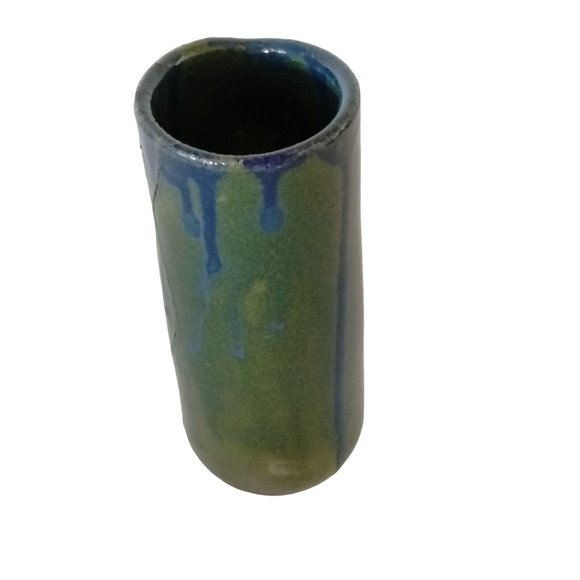 Artisan Blue Green Vase Rustic Primitive Drip Glaze - Picture 3 of 9